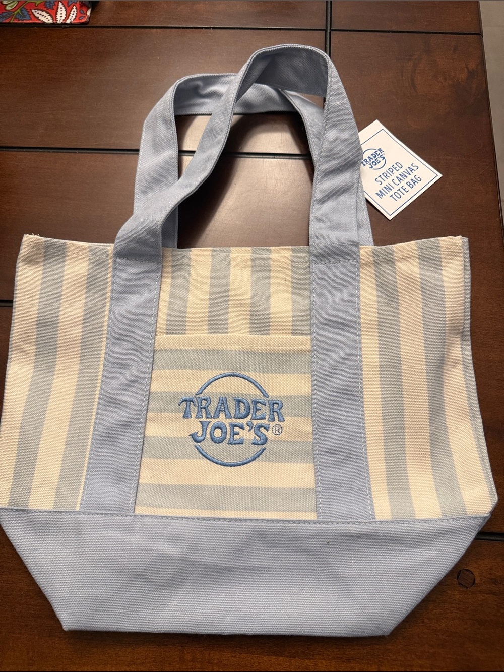 Trader Joe's Striped Mini Canvas Tote in Light Blue & Cream